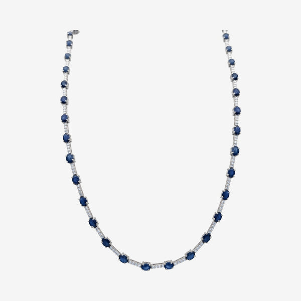 Blue Sapphire and Diamond Station Necklace in 14K White Gold, gray background | JJ Jewelry Miami