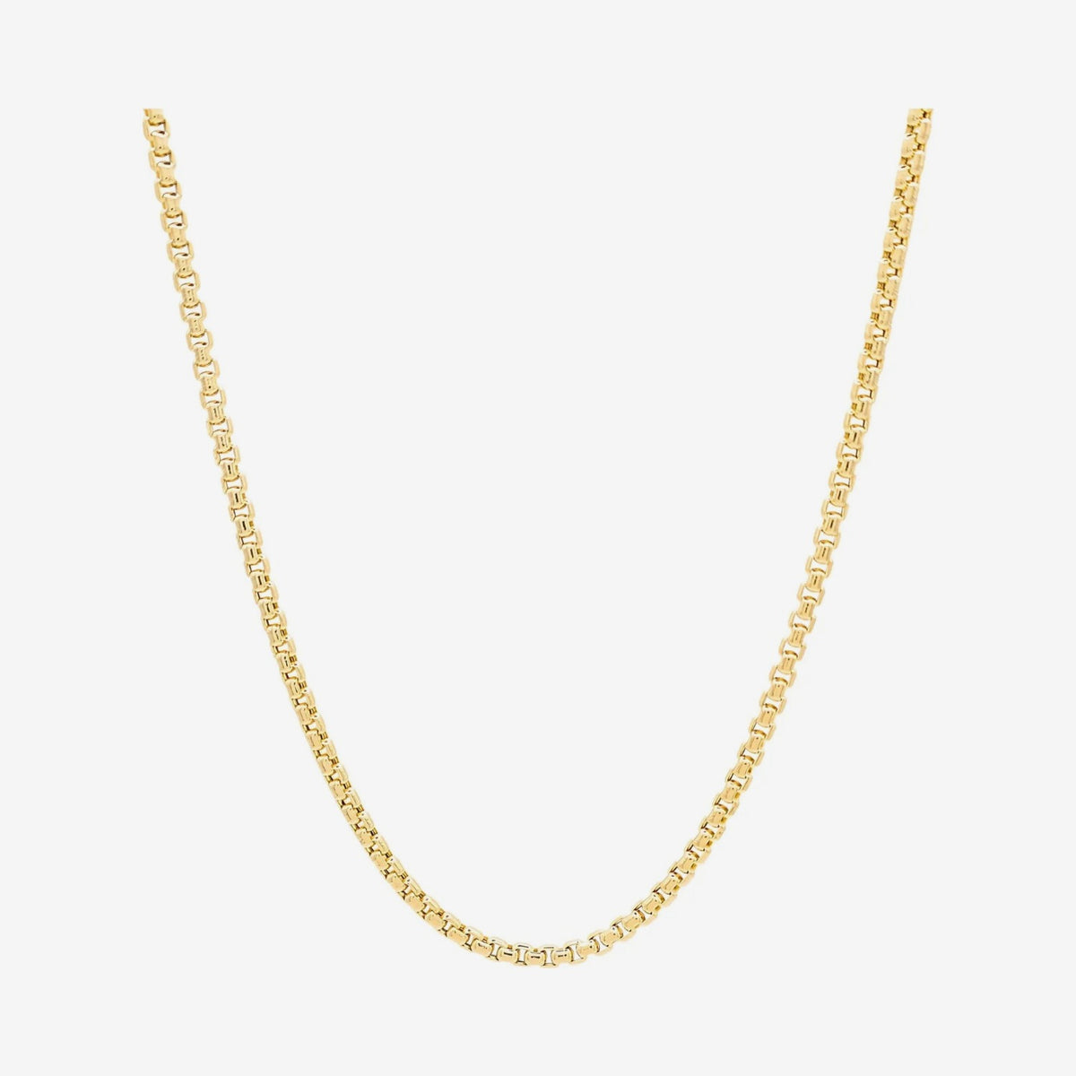 Classic Box Chain Necklace in 14K Yellow Gold, gray background | JJ Jewelry Miami