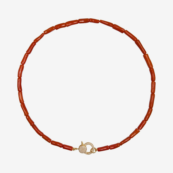 Coral Tube and Diamond Clasp Necklace in 14K Yellow Gold, gray background | JJ Jewelry Miami