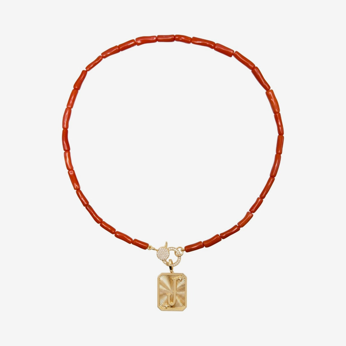 Coral Tube and Diamond Necklace in 14K Yellow Gold, angle 2 | JJ Jewelry