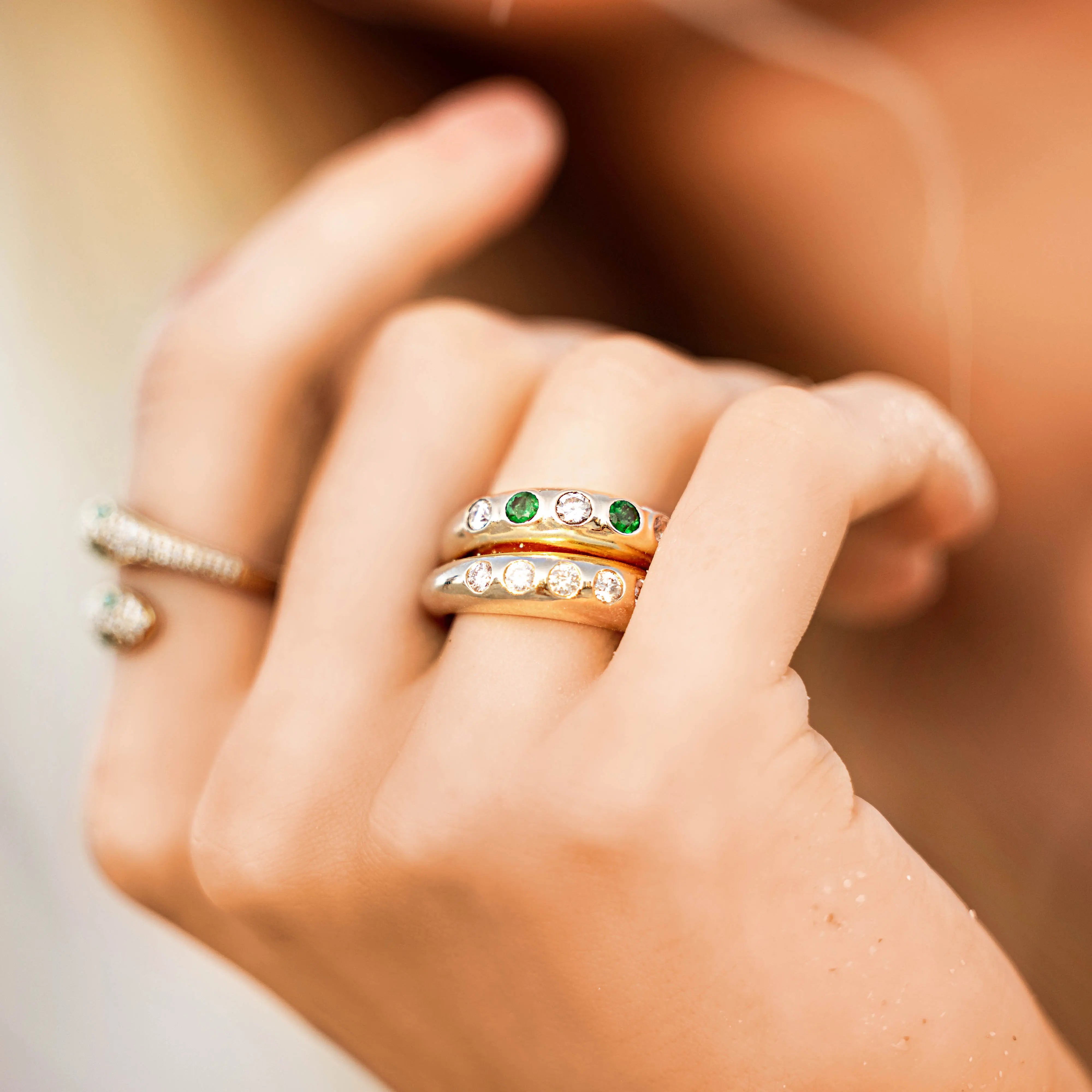 Yellow gold dome ring with emerald and diamond accents JJ Jewelry
