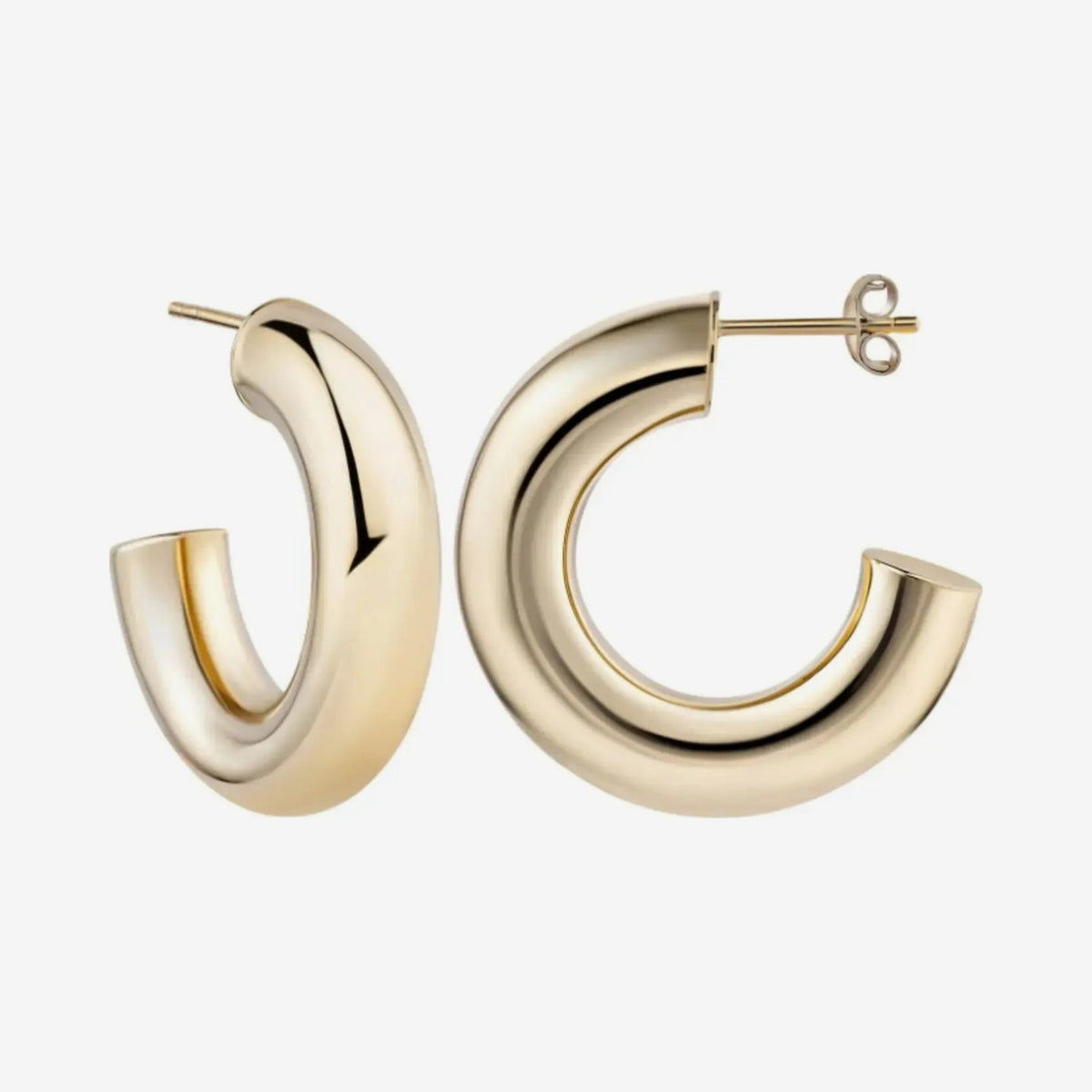 Domed Hoop Earrings in 14K Yellow Gold, view 2, gray background | JJ Jewelry Miami