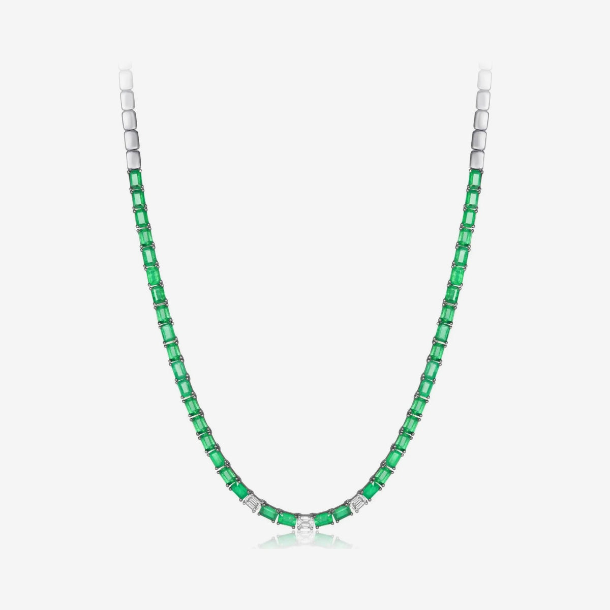 Emerald and Diamond Half Necklace in 18K White Gold, gray background | JJ Jewelry Miami