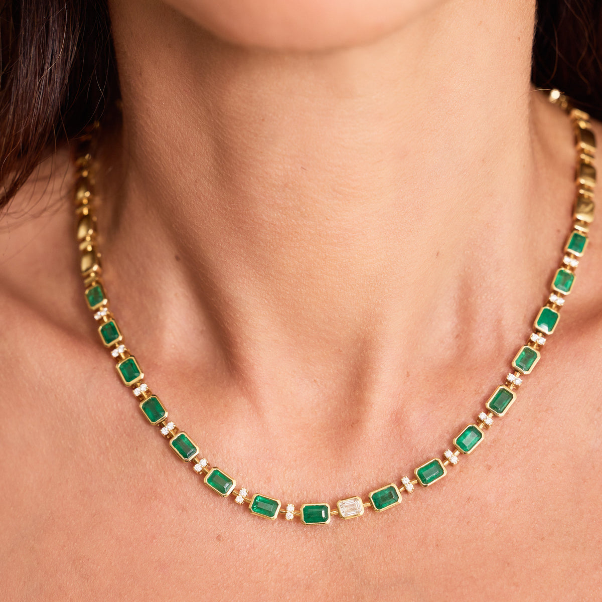 Emerald and Diamond Lariat Necklace in 18K Yellow Gold, view 4 | JJ Jewelry Miami