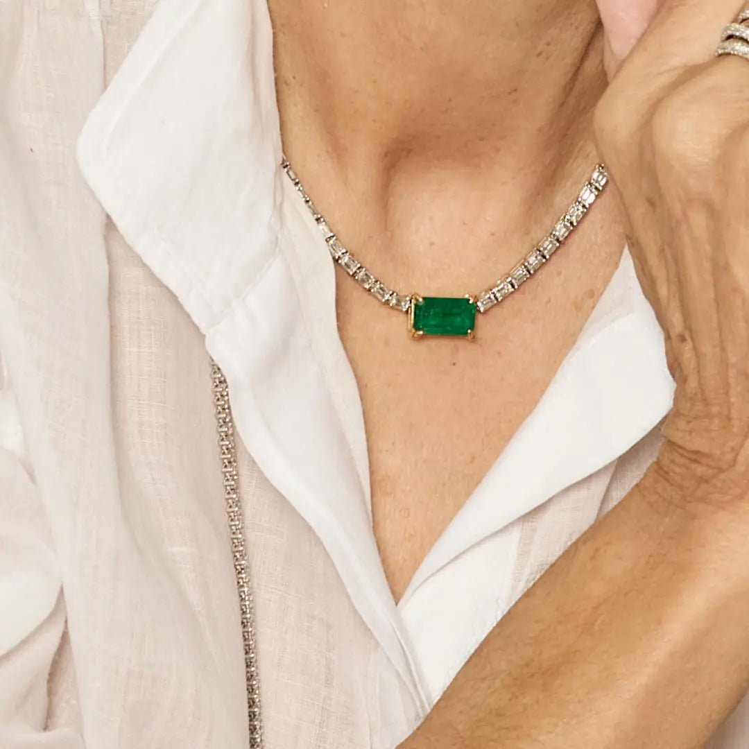 Emerald Center Baguette Diamond Tennis Necklace in 18K White Gold, view 1 | JJ Jewelry Miami