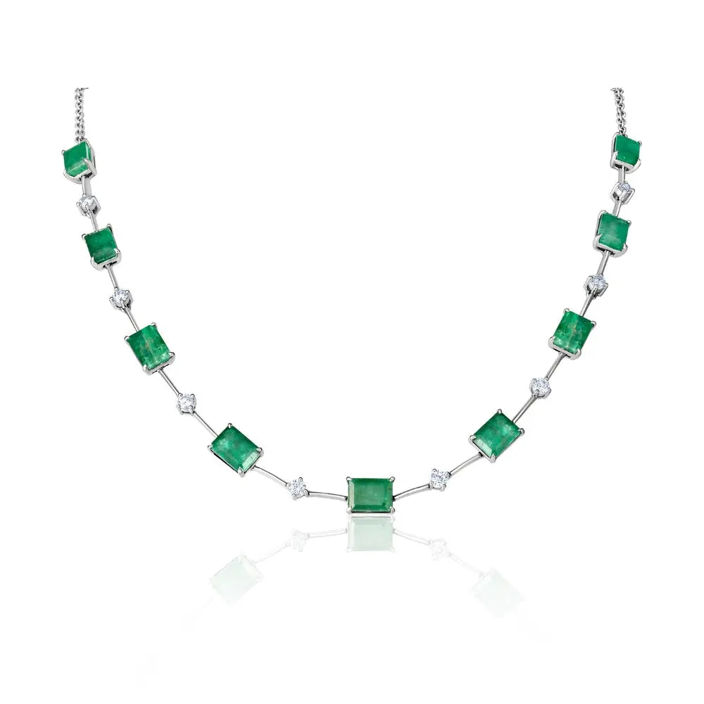 Emerald-cut and round diamond necklace in 18K white gold by JJ Jewelry