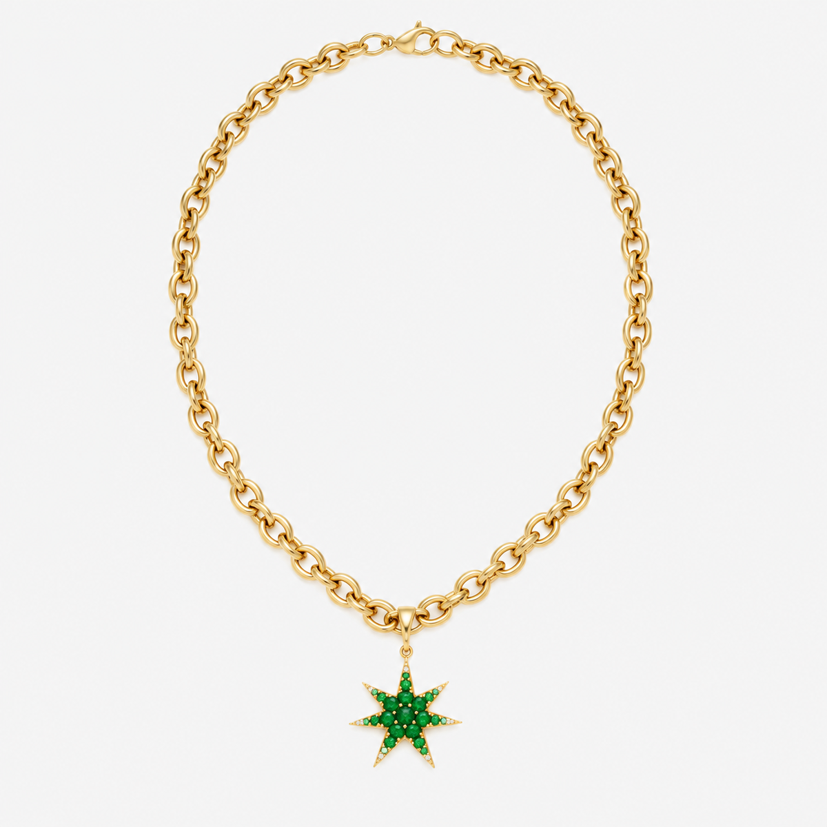 Emerald Star Pendant with Diamonds in 14K Yellow Gold, on a chunky gold chain | JJ Jewelry Miami