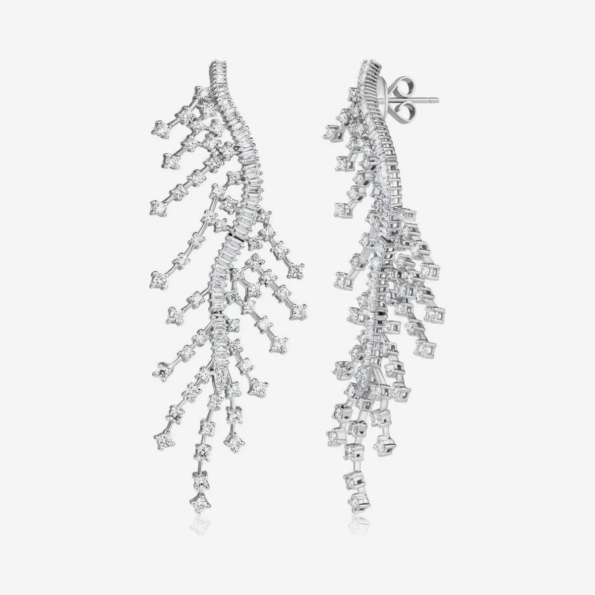 Falling Leaves Firework Diamond Drop Earrings in 18K White Gold, gray background | JJ Jewelry Miami