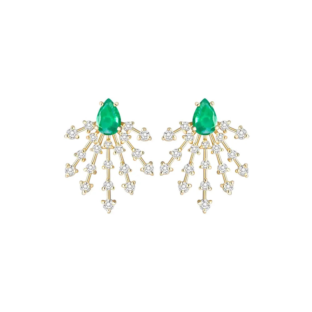 Emerald and diamond earrings with gold firework design radiant style
