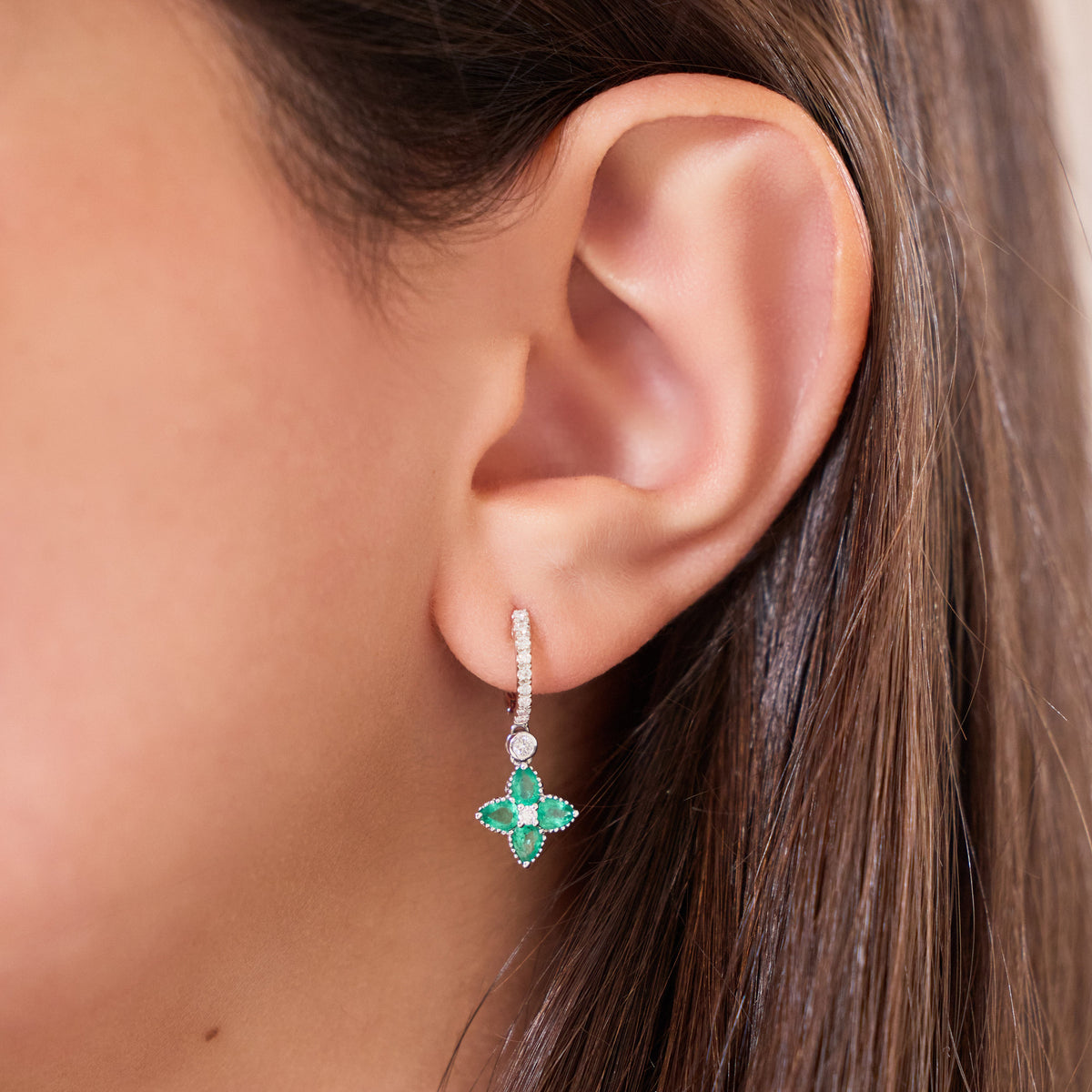 Floral Drop Hoop Earrings with Pavé Diamonds and Gemstones, on ear | JJ Jewelry