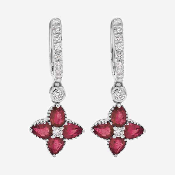 Floral Drop Hoop Earrings with Pavé Diamonds and Gemstones with Ruby, gray background | JJ Jewelry Miami
