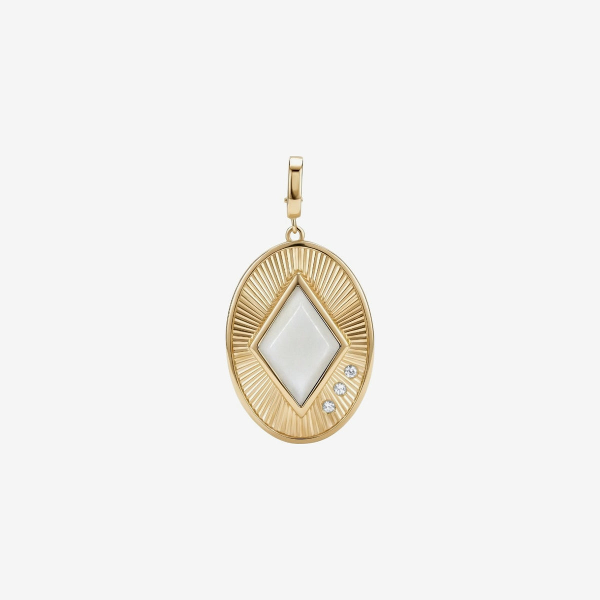 Fluted Oval Gemstone Pendant in 18K Yellow Gold, Mother of Pearl, gray background | JJ Jewelry Miami