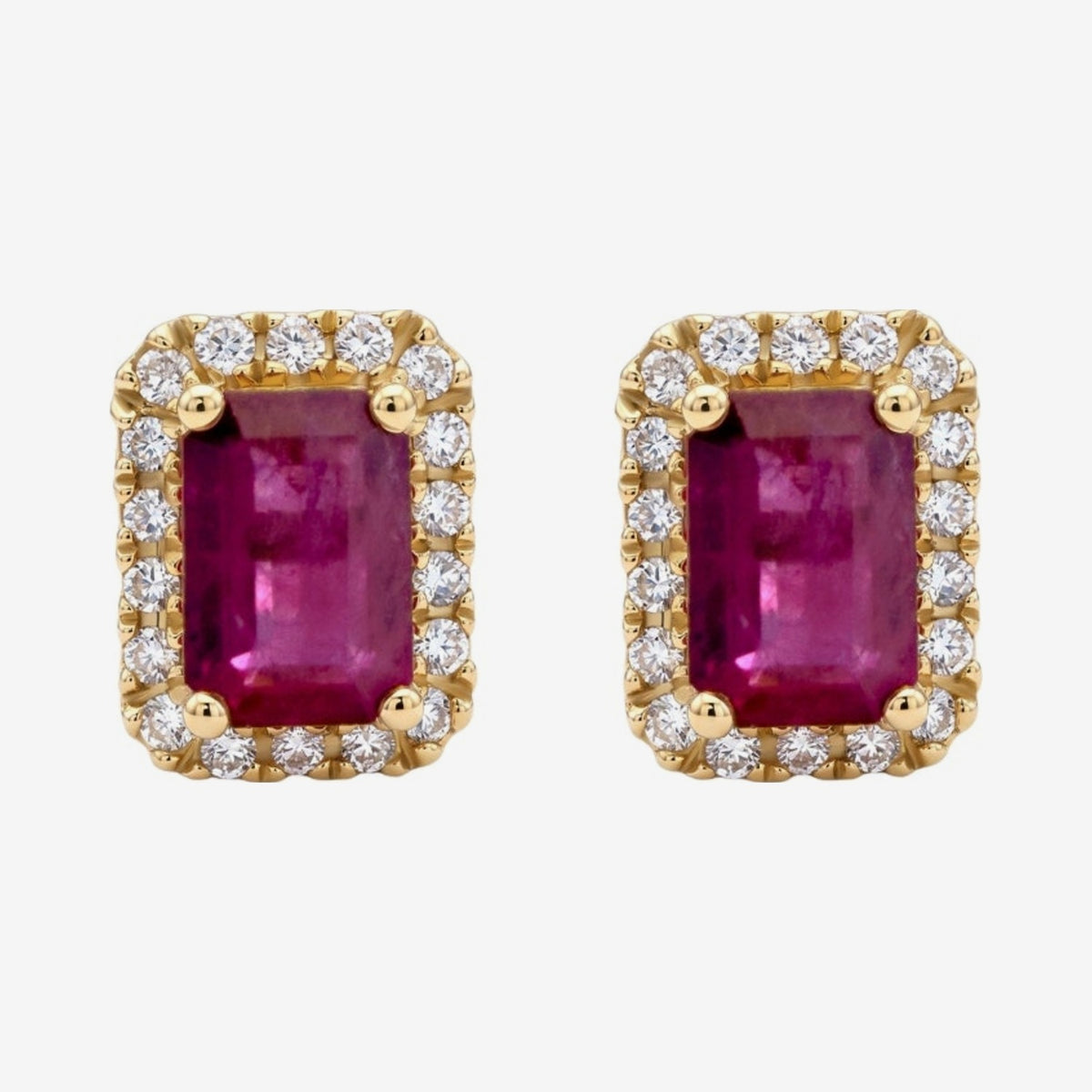 Gemstone and Diamond Halo Stud Earrings, gray background | JJ Jewelry Miami