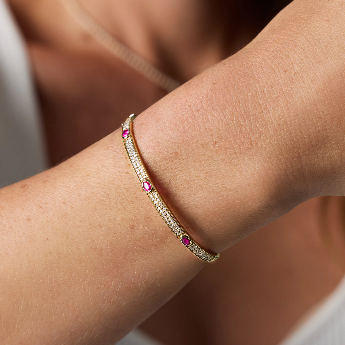 Gemstone and Diamond Pavé Bangle in Yellow Gold, lifestyle view 1 | JJ Jewelry
