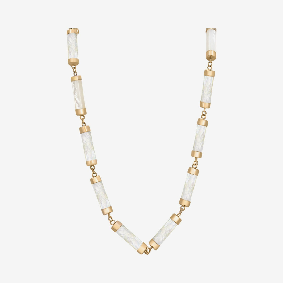 Geometric Cylinder Gemstone Necklace in 14K Yellow Gold, Mother of Pearl, gray background | JJ Jewelry Miami