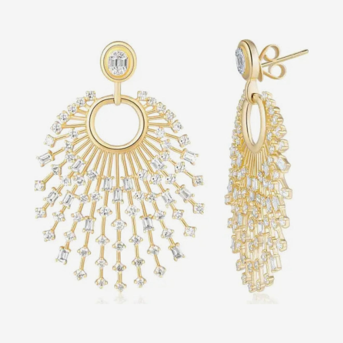 Glorious Sunburst Diamond Earrings in 18K Yellow Gold, gray background | JJ Jewelry Miami