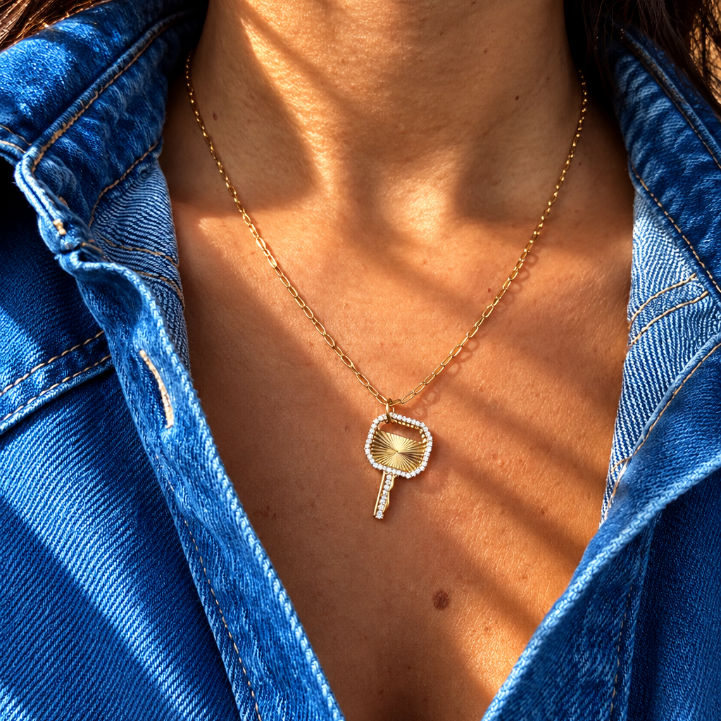 Golden Radiance Diamond Key Pendant Necklace, lifestyle view 1 | JJ Jewelry