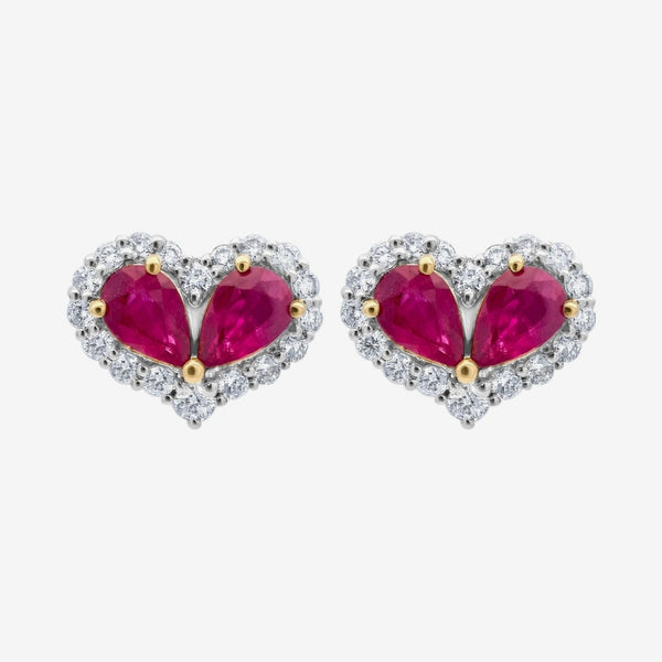 Heart Diamond Frame Earrings with Gemstone Center in 18K Yellow and White Gold with Ruby, gray background | JJ Jewelry Miami