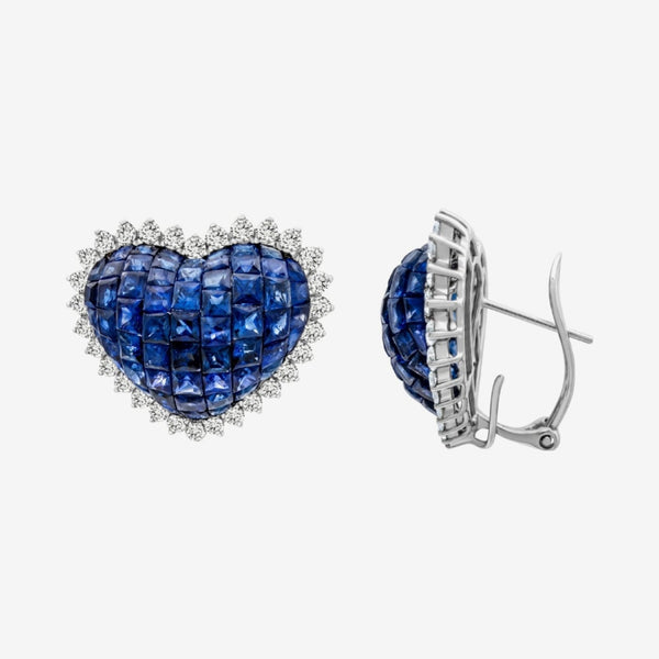 Heart-Shaped Blue Sapphire Earrings with Diamond Halo in 18K White Gold, gray background | JJ Jewelry Miami