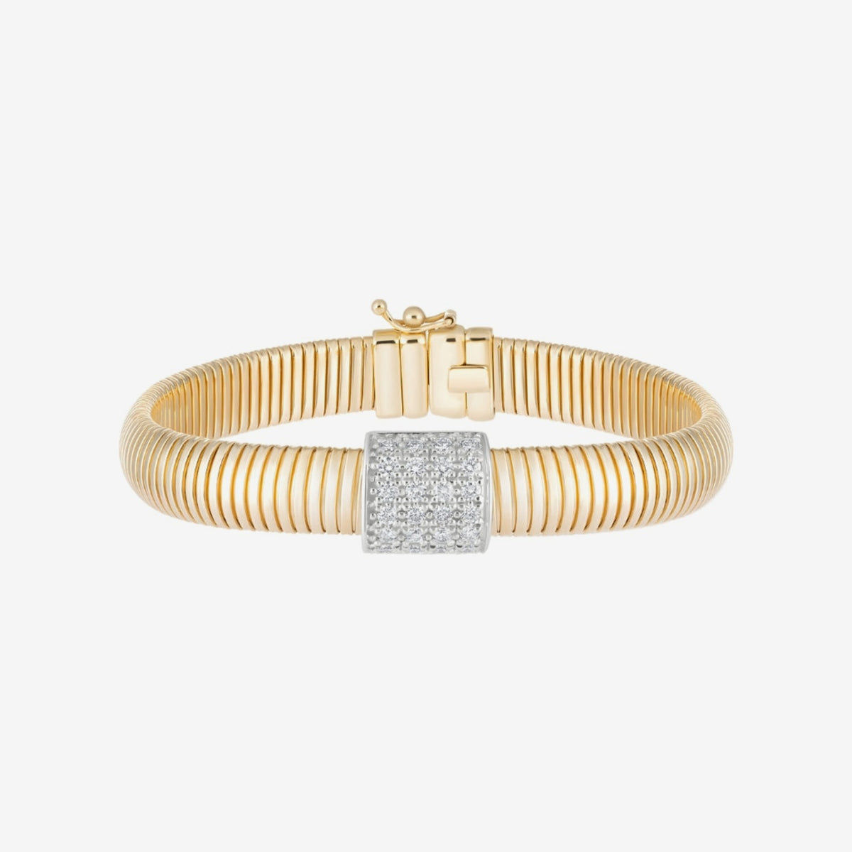 Italian Snake Flexible Bracelet with Pavé Diamond Barrel in Yellow Gold | JJ Jewelry