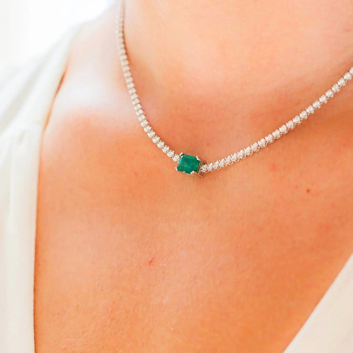 Jenny Emerald and Diamond Tennis Necklace in 18K Gold, view 4 | JJ Jewelry Miami