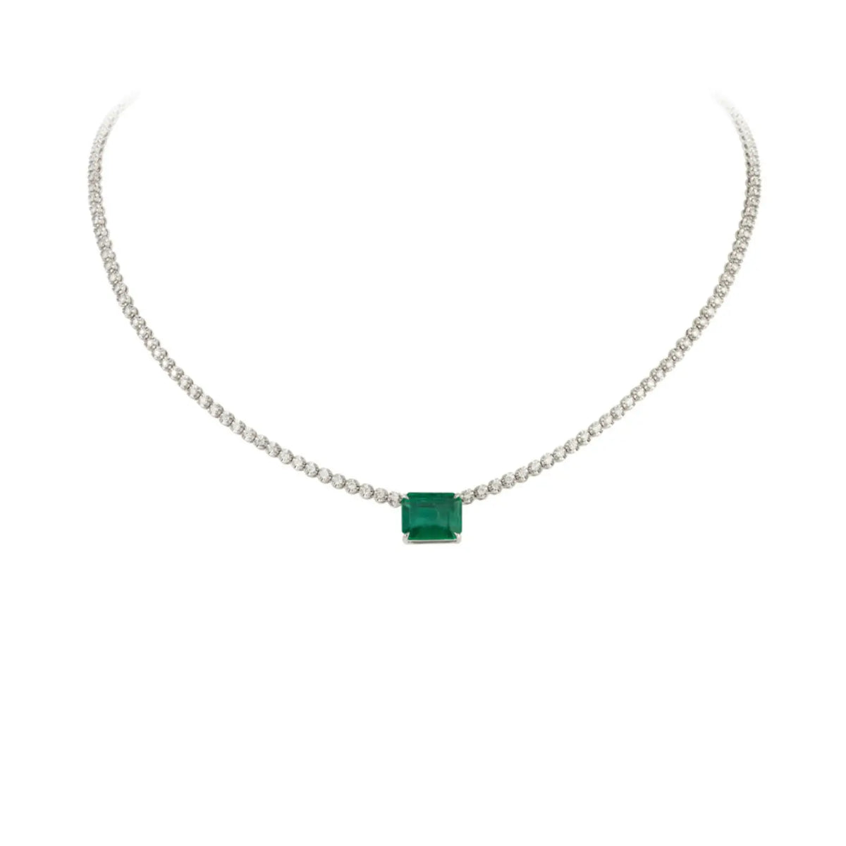 Jessica Emerald and Diamond Full Necklace in 18K White Gold | JJ Jewelry Miami