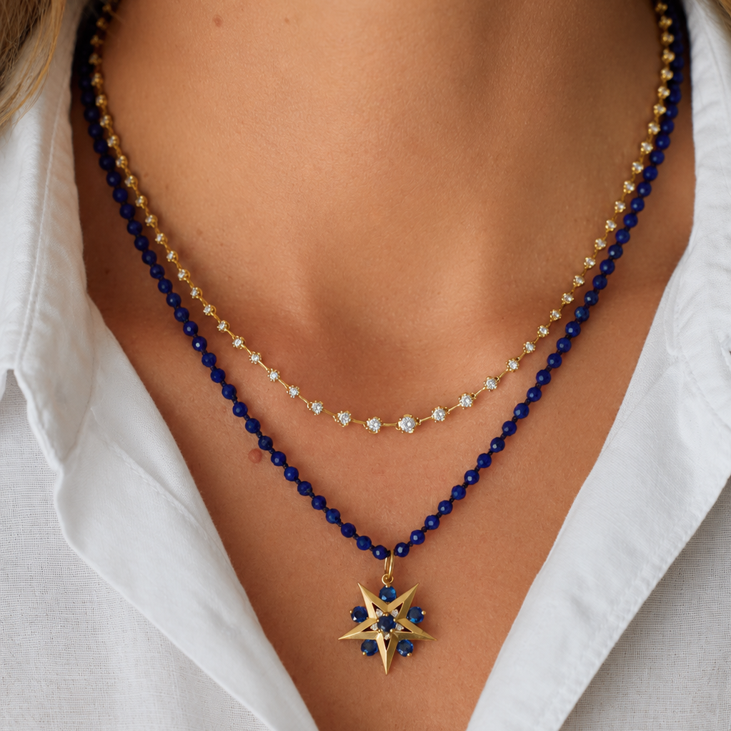 Lapis Lazuli Bead Necklace with 14K Gold Clasp, view 1 | JJ Jewelry Miami