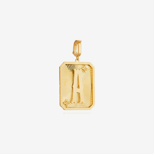 Large Initial Medal Pendant in 18K Yellow Gold, letter A, gray background | JJ Jewelry Miami