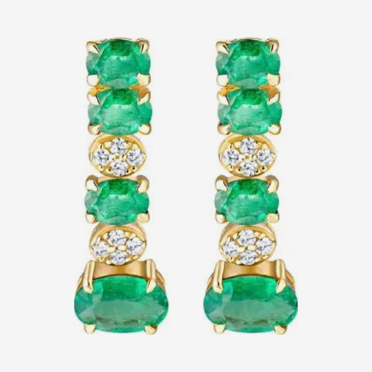 Linear Emerald and Diamond Drop Earrings in 18K Yellow Gold, gray background | JJ Jewelry Miami