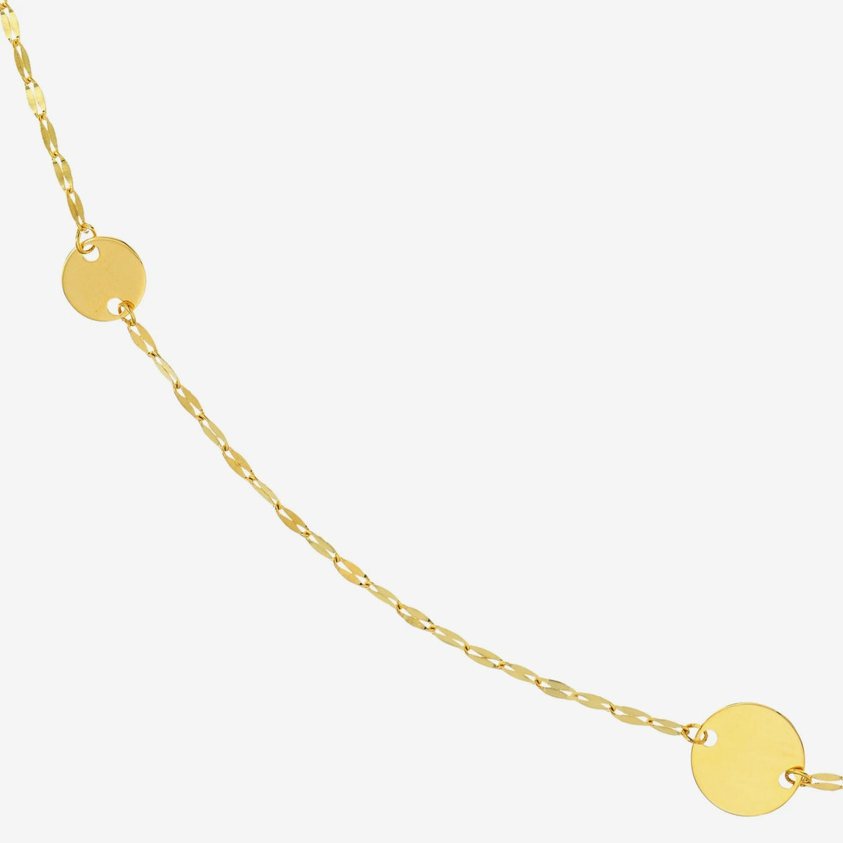 Long Disc Necklace in 14K Yellow Gold, angle 2, gray background | JJ Jewelry Miami