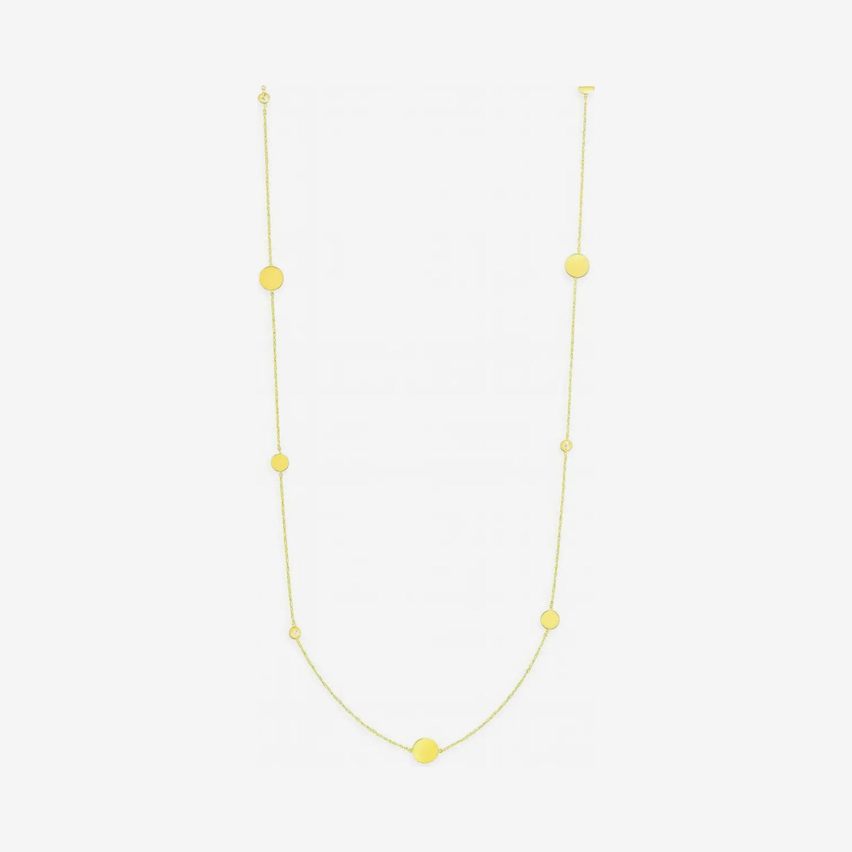 Long Disc Necklace in 14K Yellow Gold, gray background | JJ Jewelry Miami