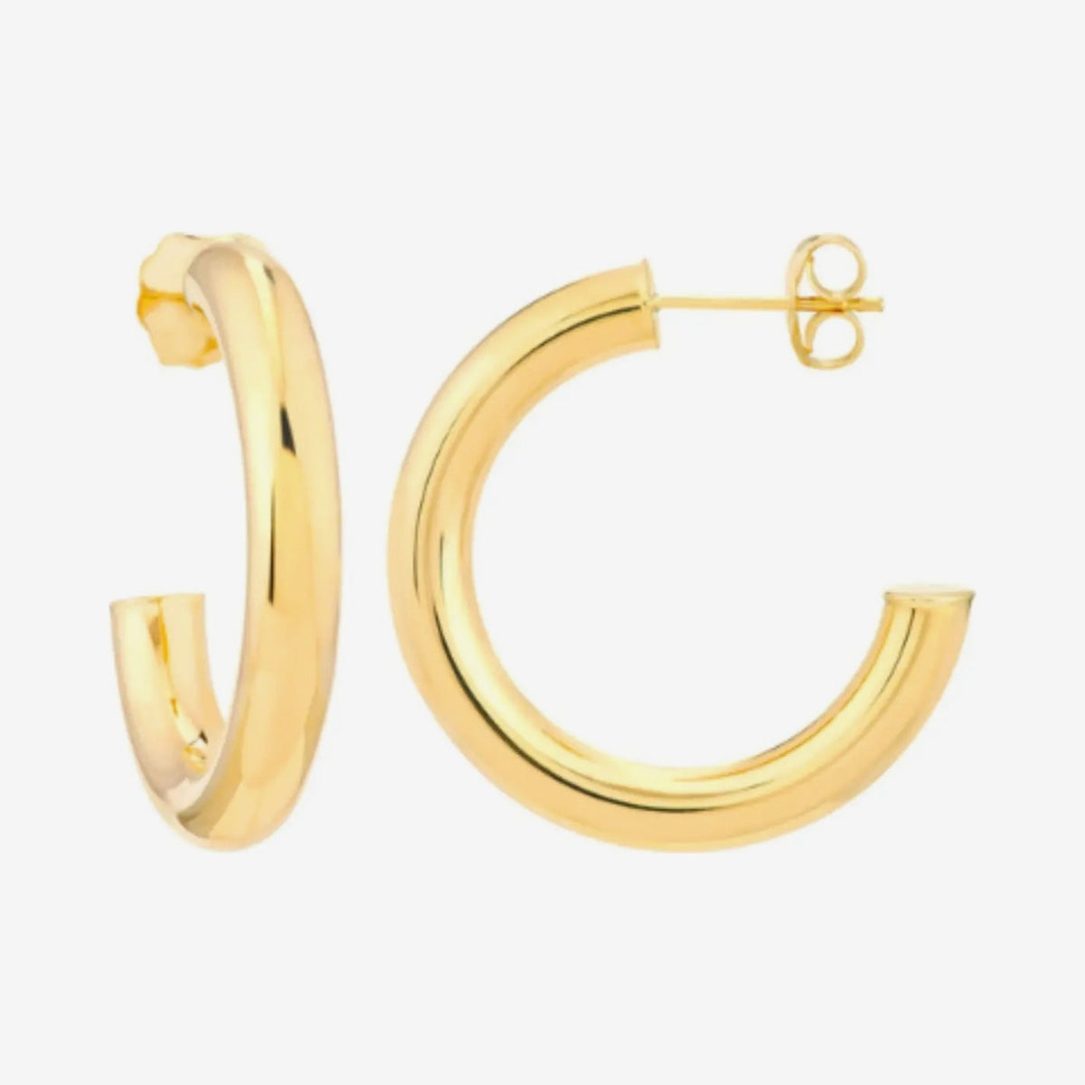 Medium Classic Hoop Earrings in 14K Yellow Gold, gray background | JJ Jewelry Miami