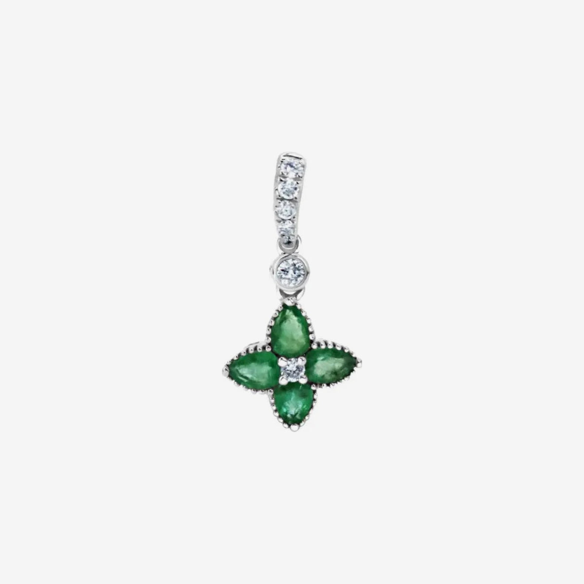 Mini Gemstone Flower Pendant with Diamonds in 18K White Gold, Emerald, gray background | JJ Jewelry Miami