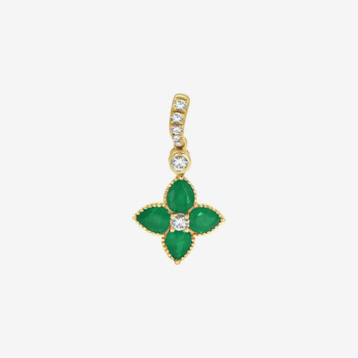 Mini Gemstone Flower Pendant with Diamonds in 18K Yellow Gold, Emerald, gray background | JJ Jewelry Miami