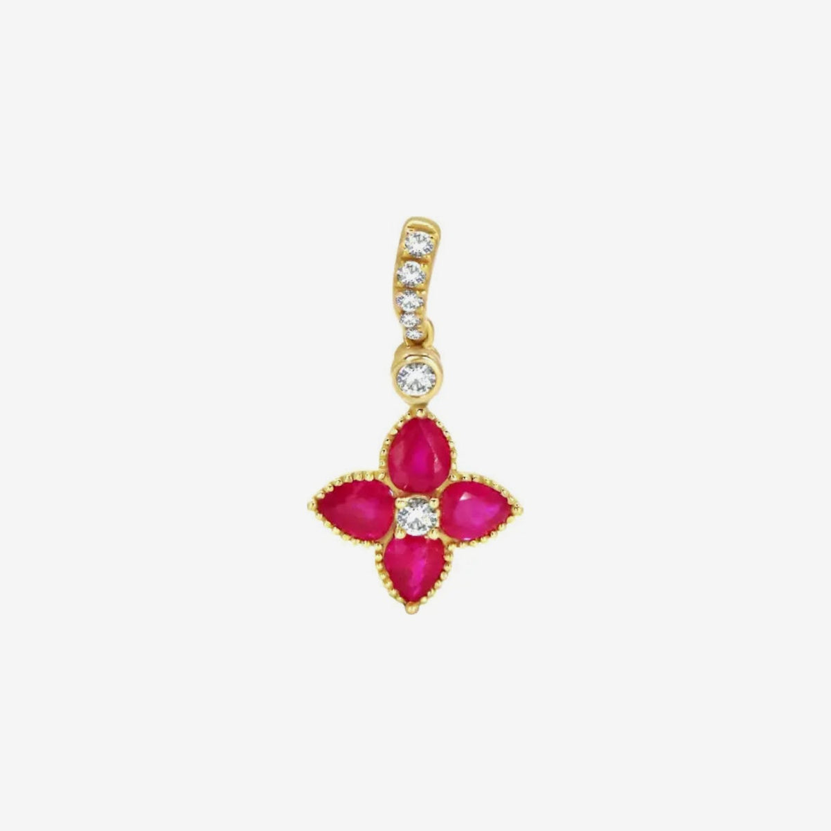 Mini Gemstone Flower Pendant with Diamonds in 18K Yellow Gold, Ruby, gray background | JJ Jewelry Miami