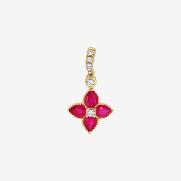 Mini Gemstone Flower Pendant with Diamonds in 18K Yellow Gold, Ruby, gray background | JJ Jewelry Miami