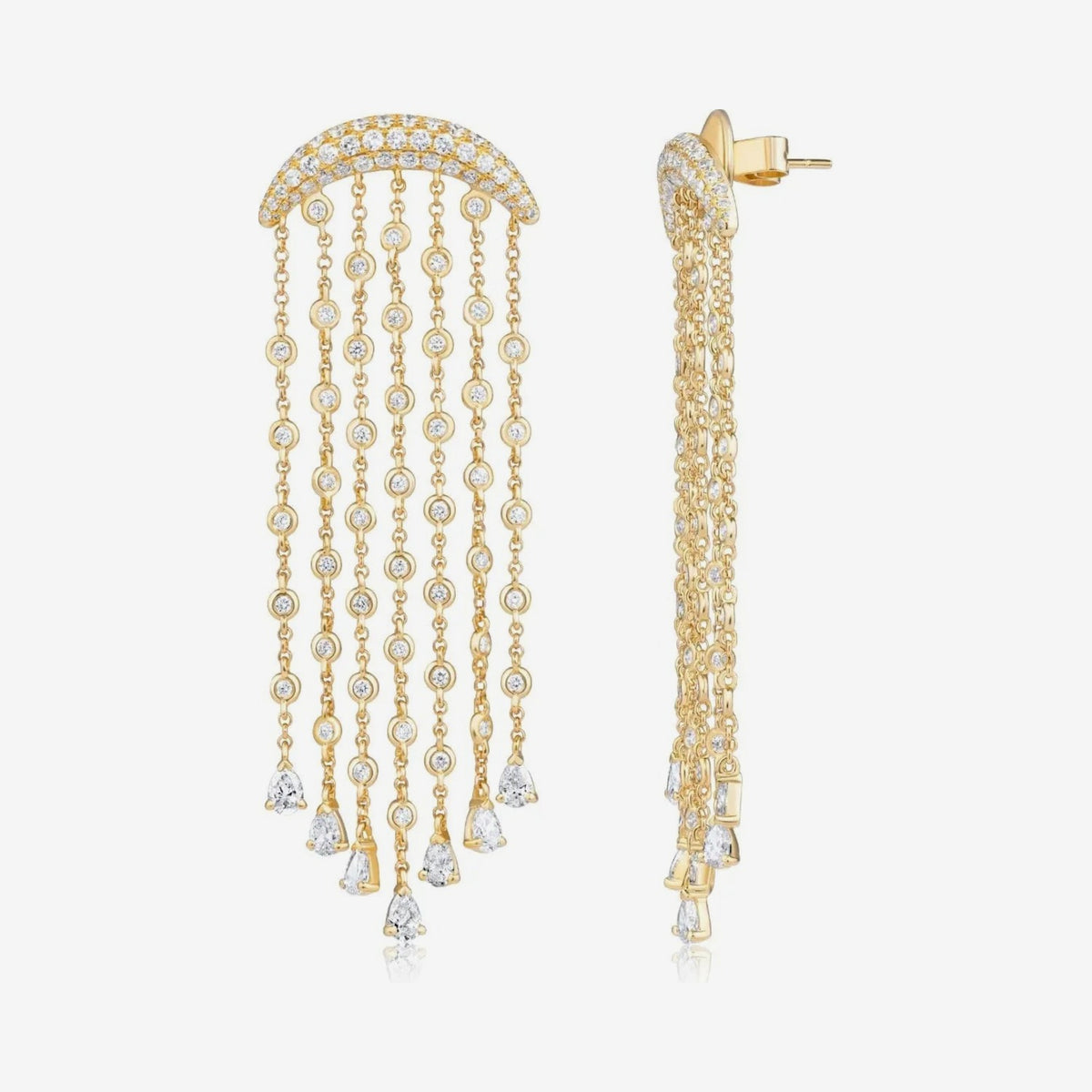 Moonlight Diamond Chandelier Earrings in 18K Yellow Gold, gray background | JJ Jewelry Miami