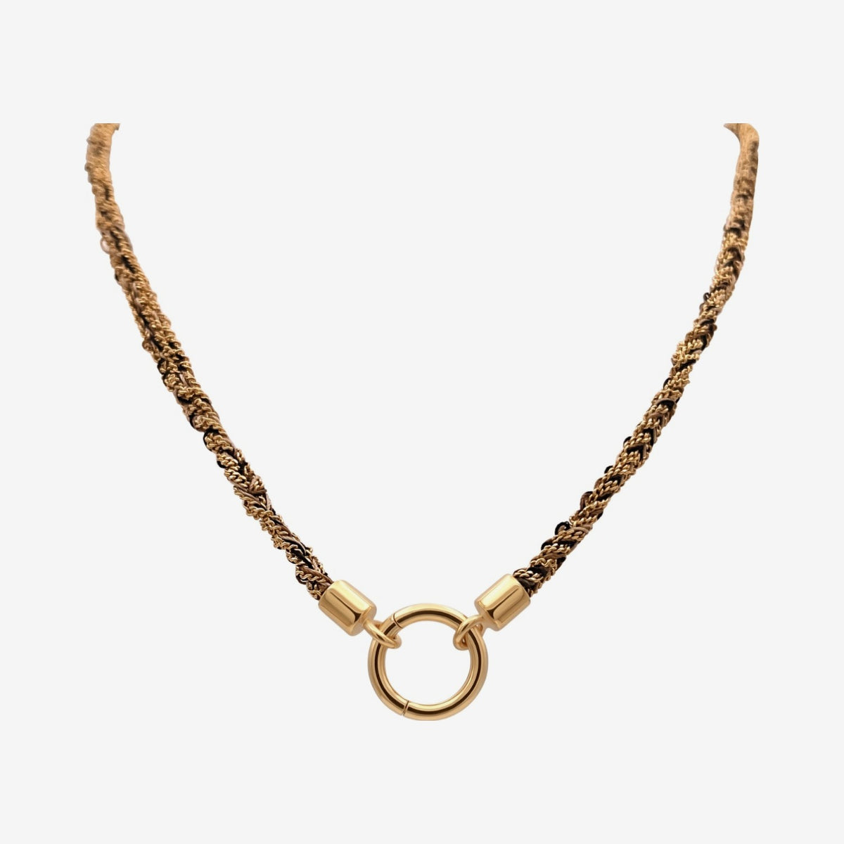 Morocco Silk Necklace with 14K Gold Connector, Brown, gray background | JJ Jewelry Miami