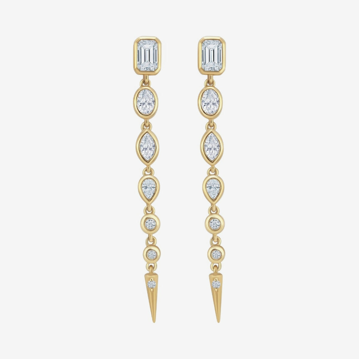 Multi-Shape Diamond Drop Earrings in 14K Yellow Gold, view 2, gray background | JJ Jewelry Miami