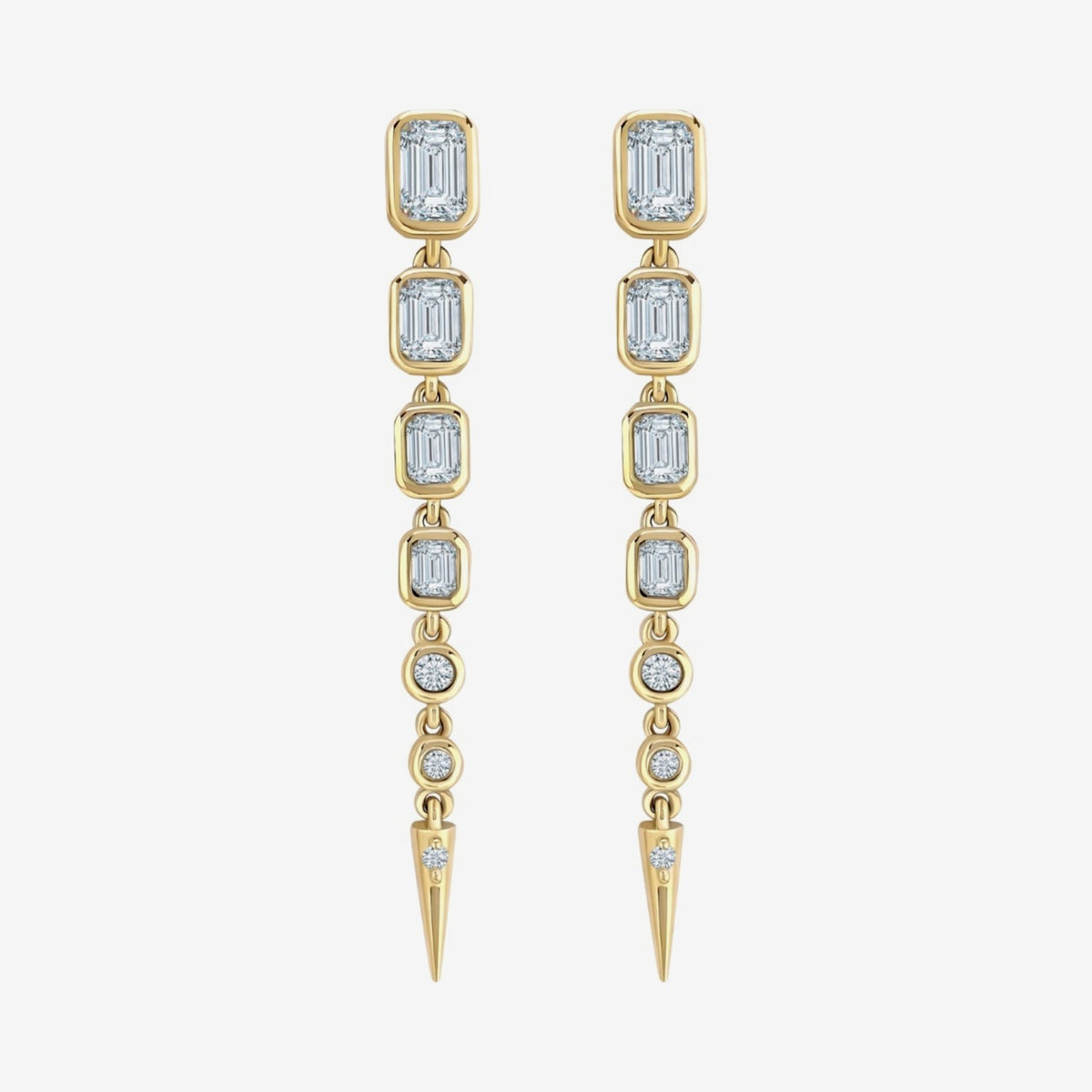 Multi-Shape Diamond Drop Earrings in 14K Yellow Gold, gray background | JJ Jewelry Miami