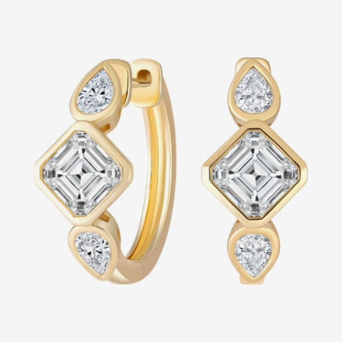 Multi-Shape Diamond Huggie Earrings in 18K Yellow Gold, gray background | JJ Jewelry Miami