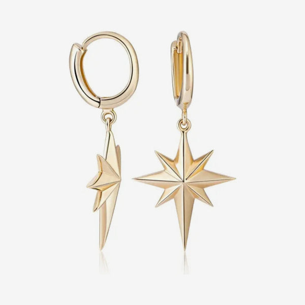North Star Huggie Earrings in 14K Yellow Gold, gray background | JJ Jewelry Miami
