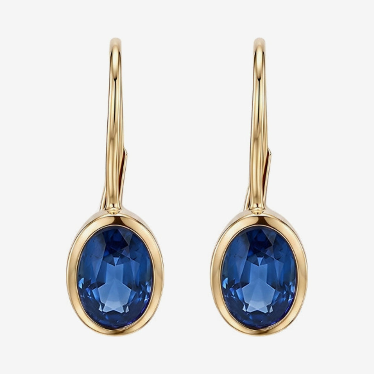 Oval Bezel Gemstone Leverback Earrings in 14K Yellow Gold with Blue Sapphire, gray background | JJ Jewelry Miami