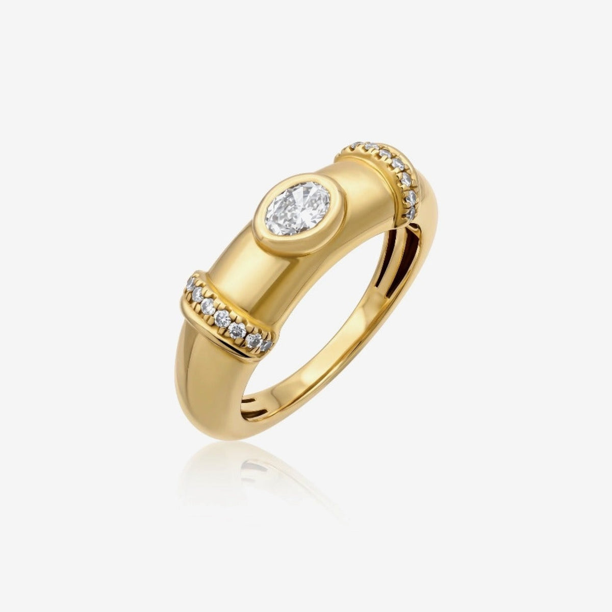 Oval Diamond Bezel Pinky Ring in 18K Yellow Gold | JJ Jewelry