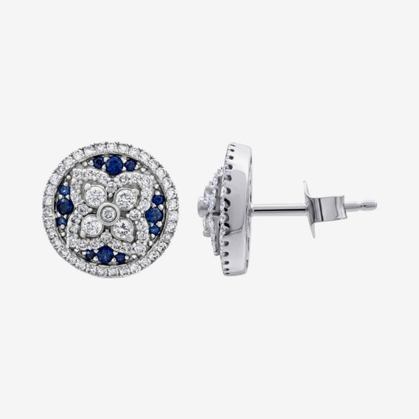 Pavé Blue Sapphire and Diamond Floral Stud Earrings in 14K White Gold, gray background | JJ Jewelry Miami