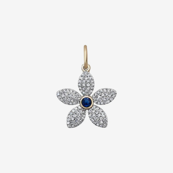 Pavé Diamond Flower Pendant with Gemstone Center in 14K White Gold, Blue Sapphire, gray background | JJ Jewelry Miami