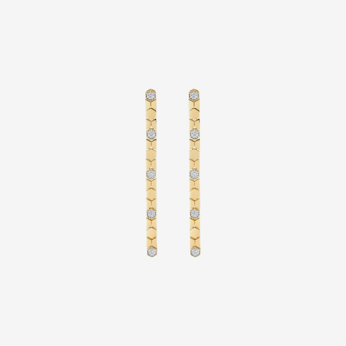 Pavé Diamond Honeycomb Link Drop Earrings in 18K Yellow Gold, gray background | JJ Jewelry Miami