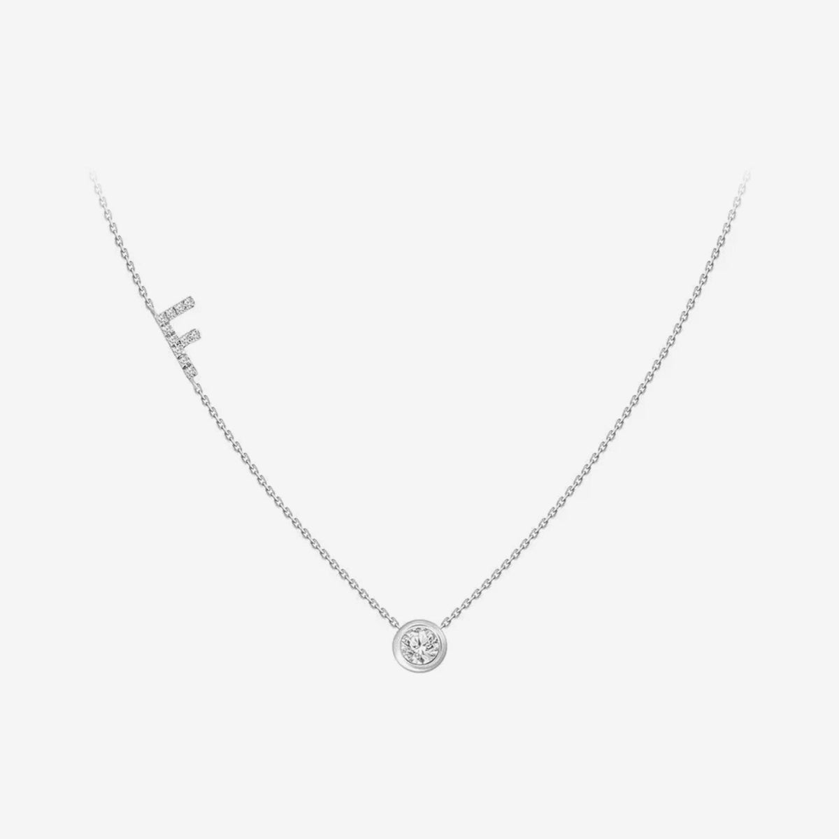 Pavé Diamond Initial Necklace, Letter F, in 18K White Gold, gray background | JJ Jewelry Miami