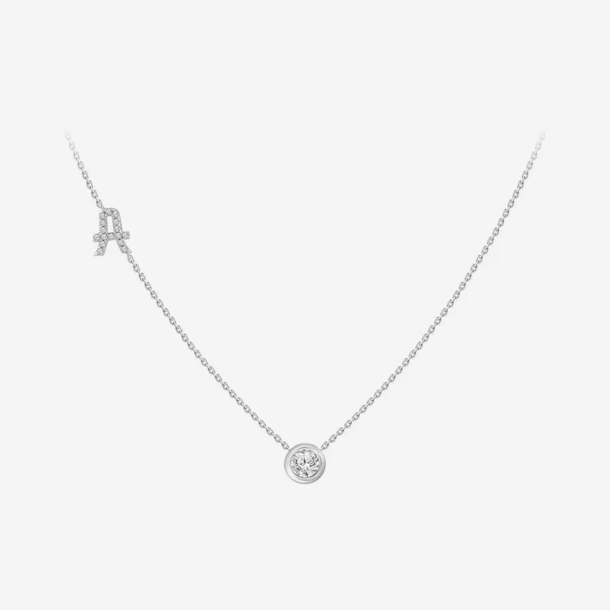 Pavé Diamond Initial Necklace, Letter A, in 18K White Gold, gray background | JJ Jewelry Miami