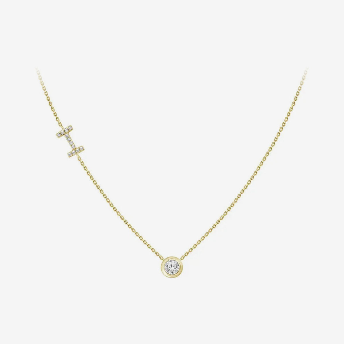 Pavé Diamond Initial Necklace, Letter I, in 18K Yellow Gold, gray background | JJ Jewelry Miami